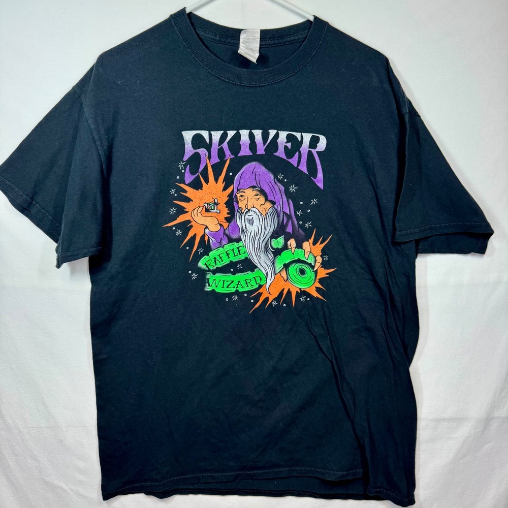 Skiver Raffle Wizard Graphic Print Tee Shirt‎ Goldman Black Cotton Sz Large Y2K